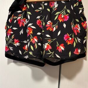Lands' End Black Floral Swim shorts with attached panty with Red & Pink Blooms